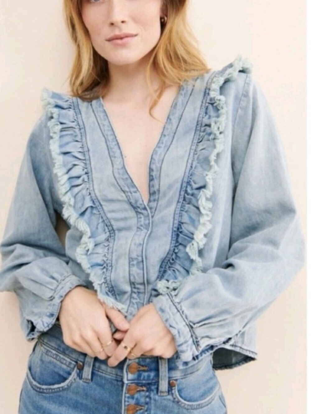 One Teaspoon Light Chambray Ruffle Western Shirt